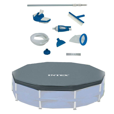 Intex Deluxe Maintenance Cleaning Kit & 12-Foot Round Frame Easy Set Pool Cover - VMInnovations