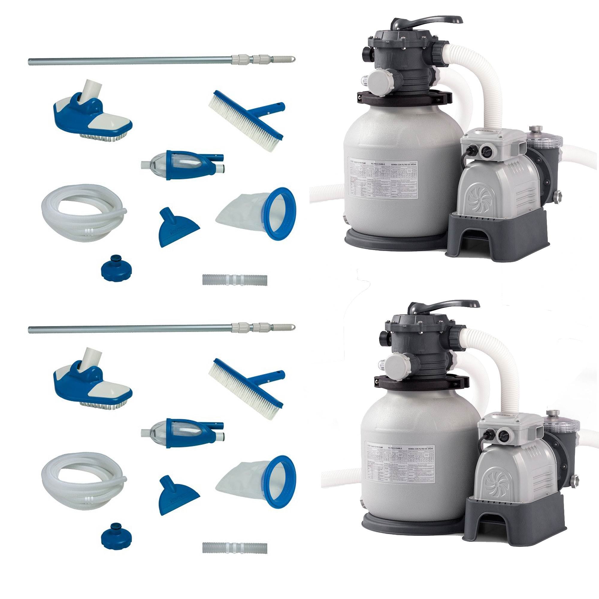 Intex Pool Maintenance Kit w/ Vacuum & Pole (2 Pack) & Sand Filter Pump (2 Pack)