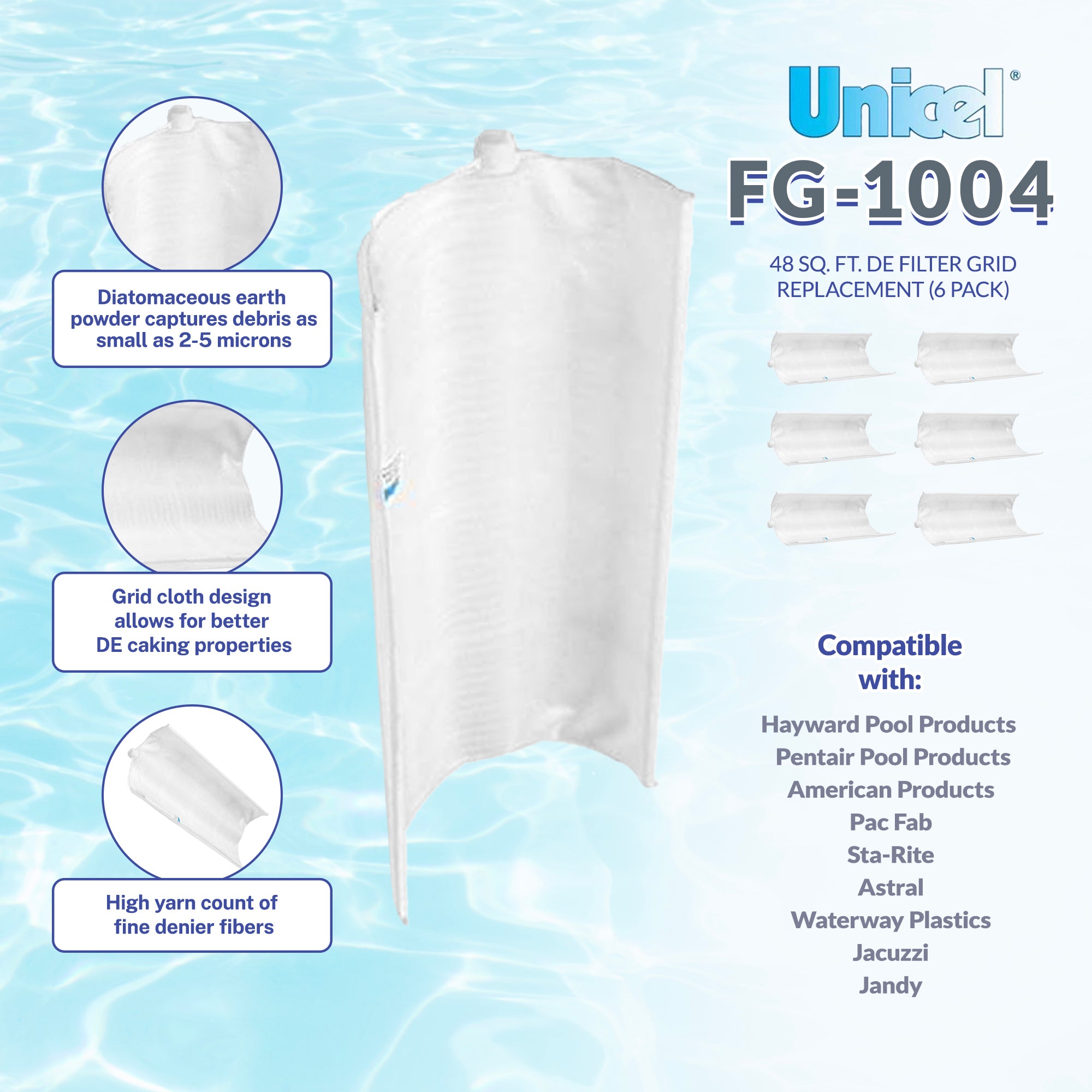 Unicel FG-1004 48 Square Foot Replacement DE Grid Swimming Pool Filter, 6 Pack