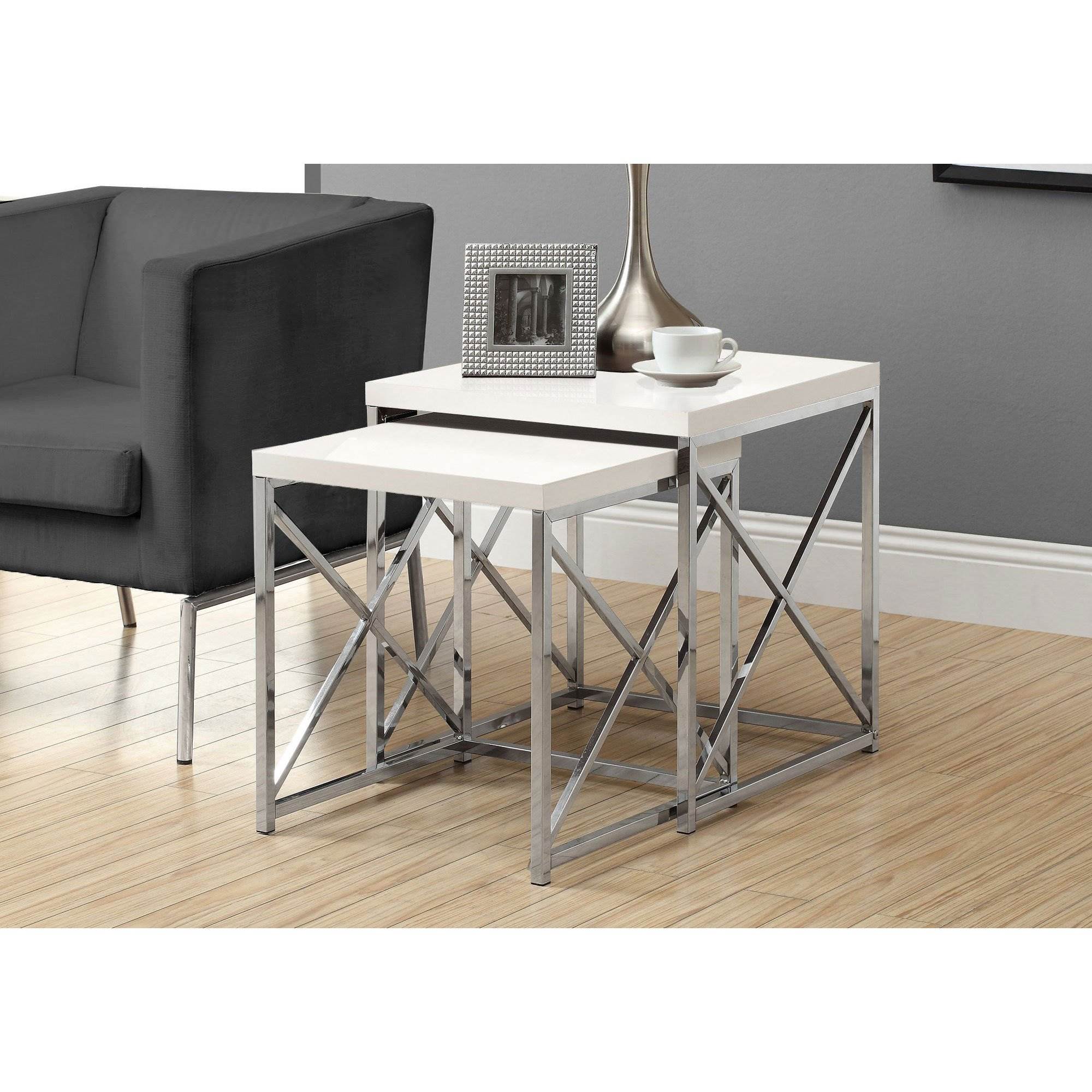 Monarch White Chrome Contemporary Living Room Coffee Table & Nesting End Table