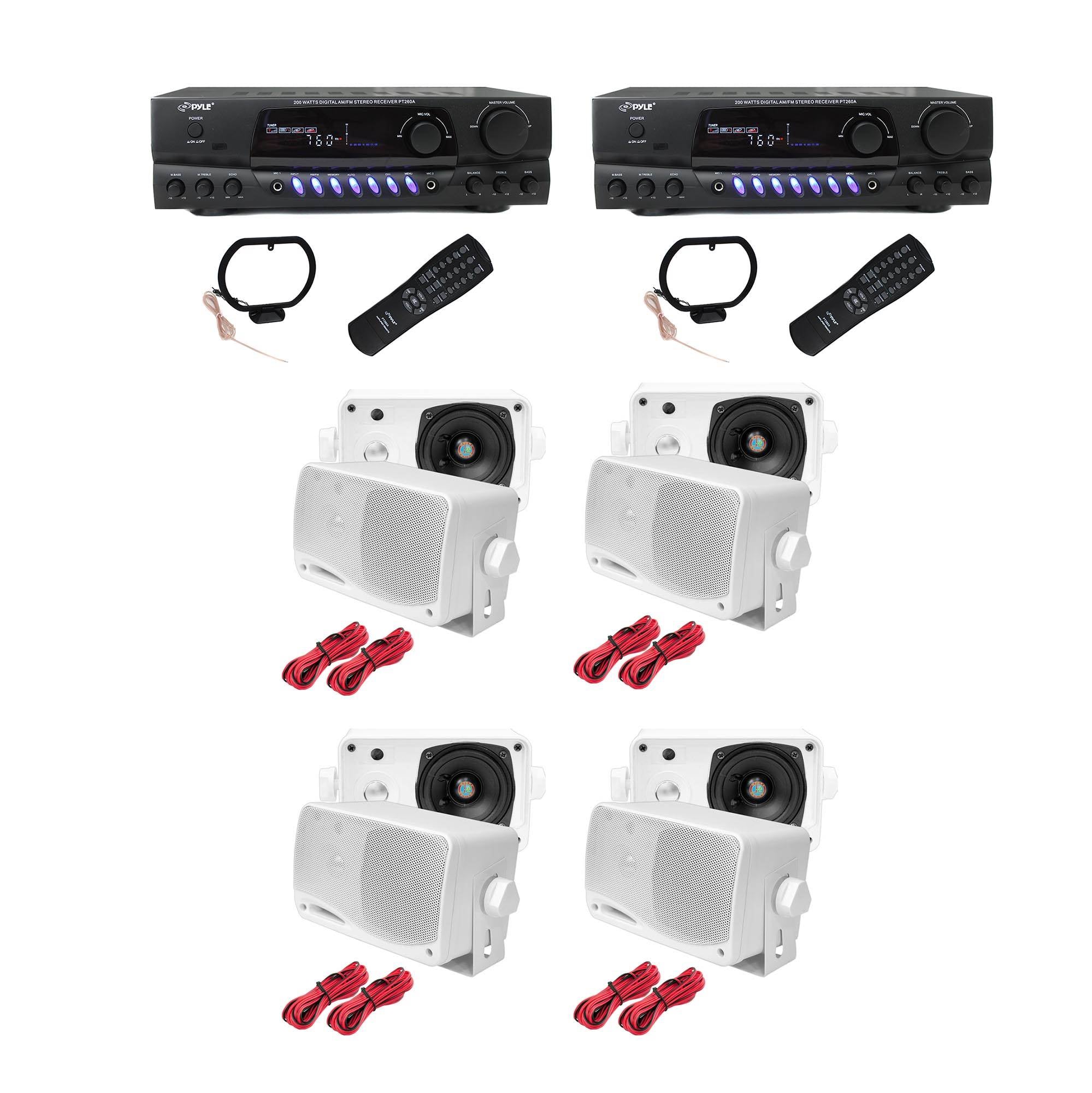 Pyle Pro PT260A 200W Stereo Receiver (2 Pack) w/ PLMR24 Marine Speakers (4 Pack)