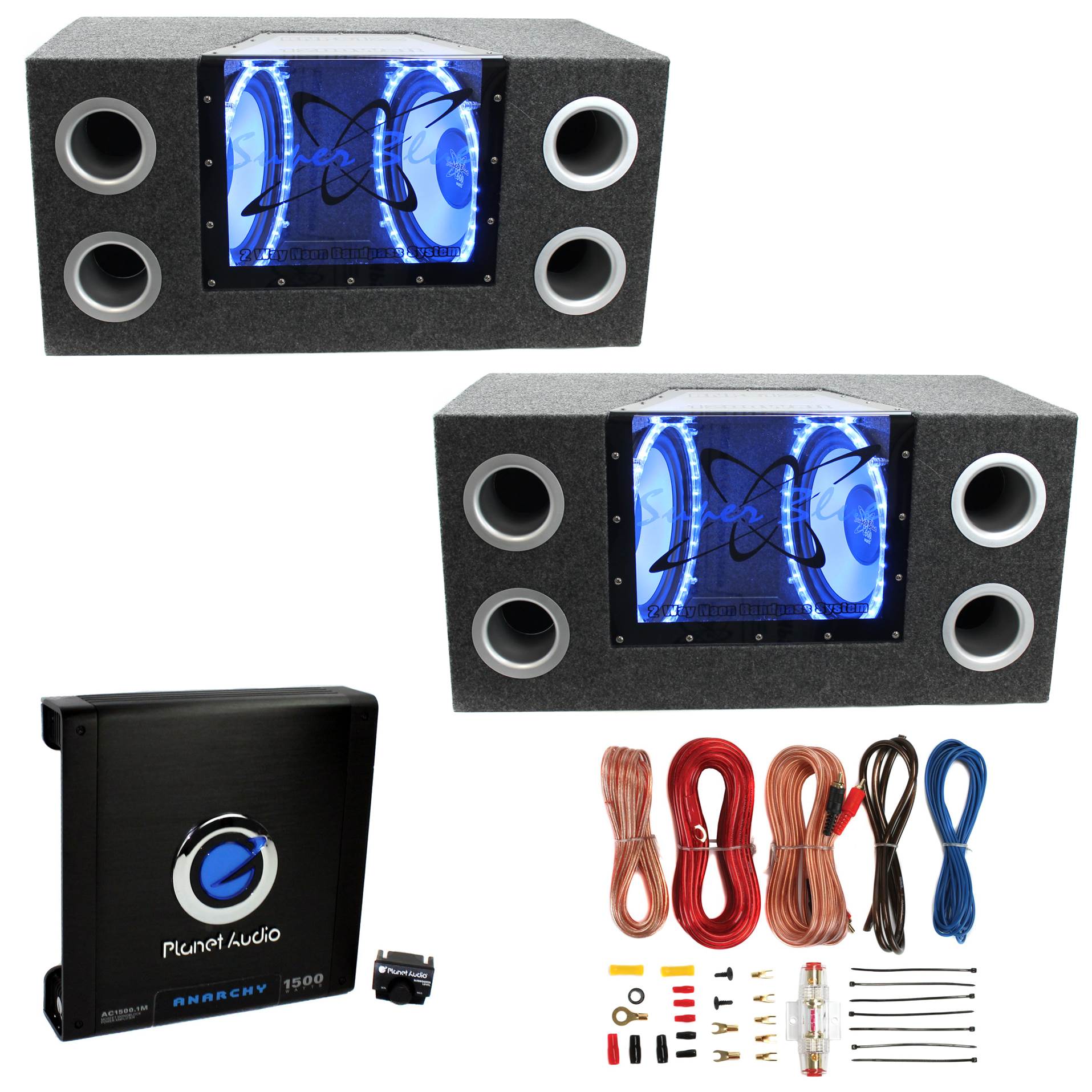 Pyramid 12" 1200W Bandpass Box Subs (2 Pack), 1500W Mono Amplifier, & Wire Kit