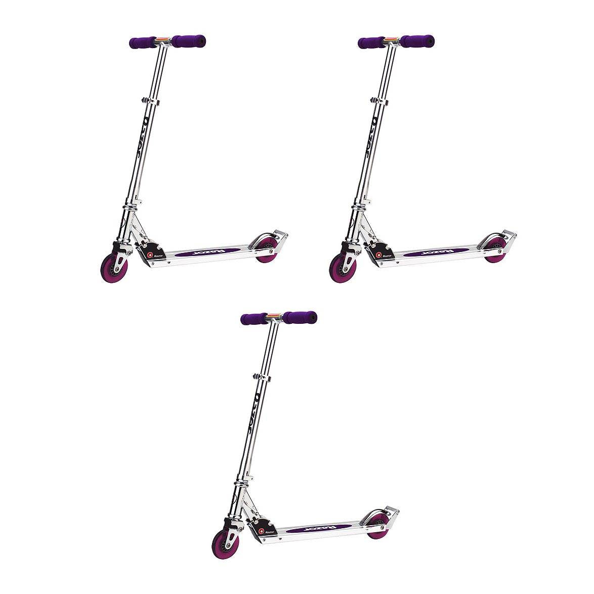 Razor A2 Kids Folding Portable Kick Push Scooter with Wheelie Bar, Purple (3 Pack)