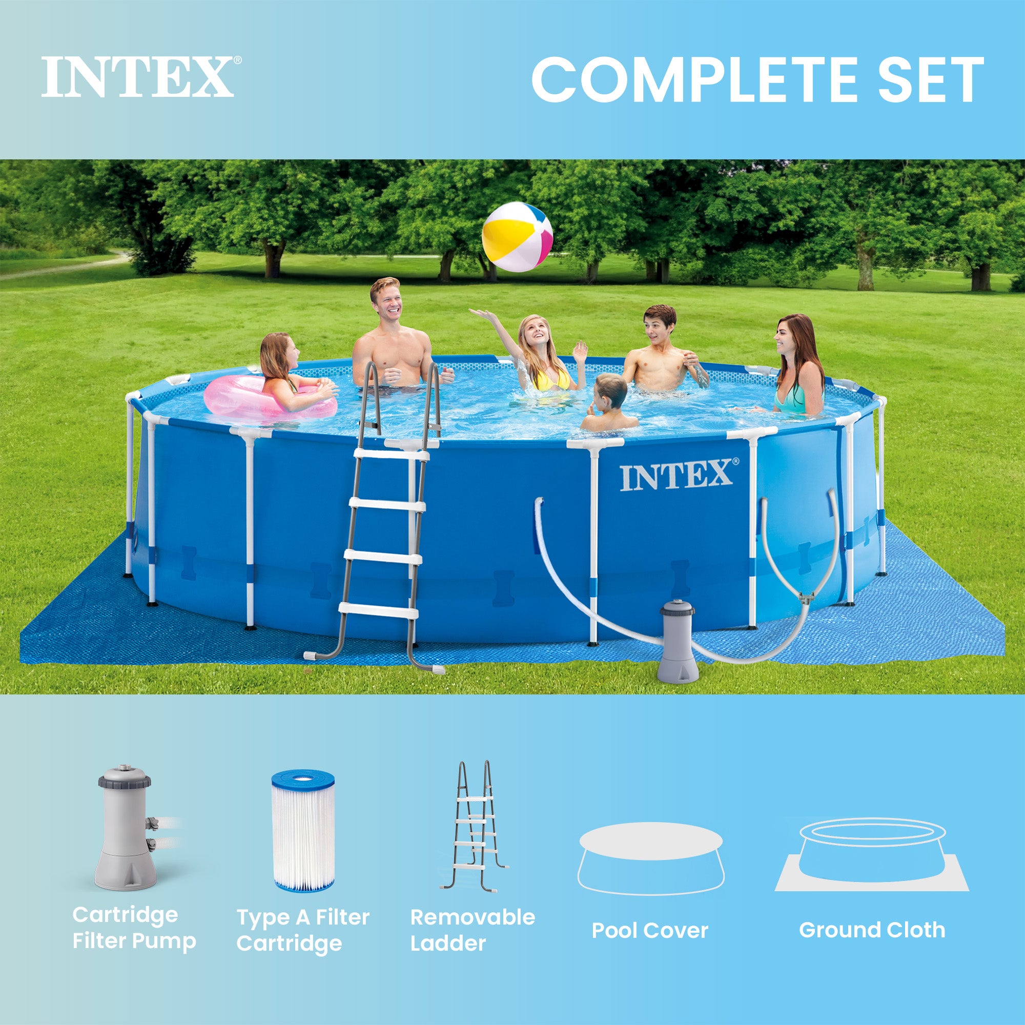 Intex Metal Frame 15' x 48" Round Above Ground Swimming Pool and Maintenance Kit