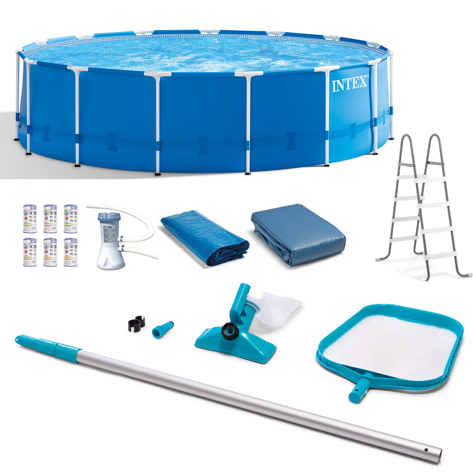 Intex Metal Frame 15' x 48" Round Above Ground Swimming Pool and Maintenance Kit - VMInnovations