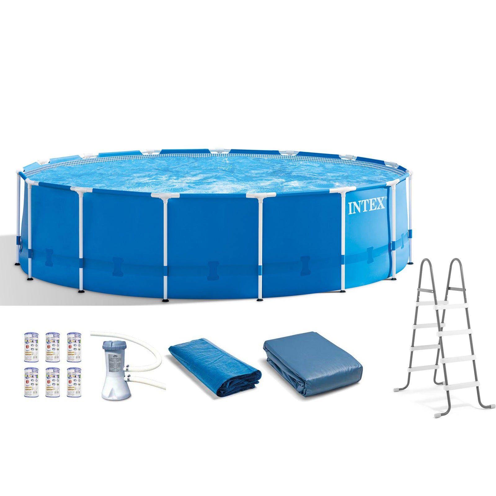 Intex Metal Frame 15' x 48" Round Above Ground Swimming Pool and Maintenance Kit - VMInnovations