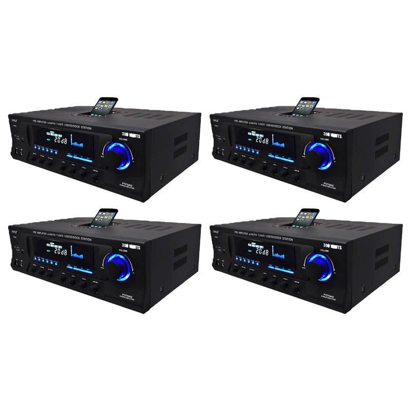 Pyle Pro 300W Home Amplifier Receiver Stereo iPod Dock AM/FM USB/SD (4 Pack)