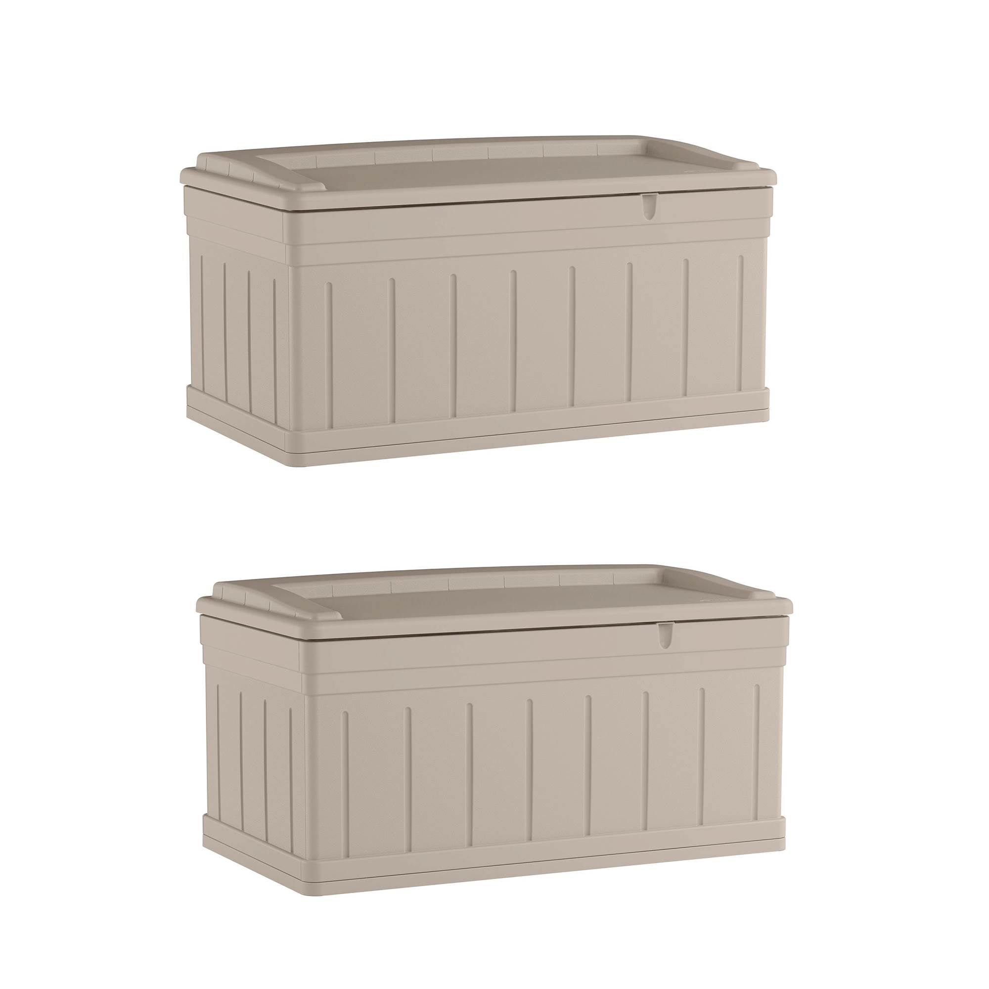 Suncast 129 Gallon Stay Dry Poly Resin Outdoor Deck Storage Box, Taupe (2 Pack)