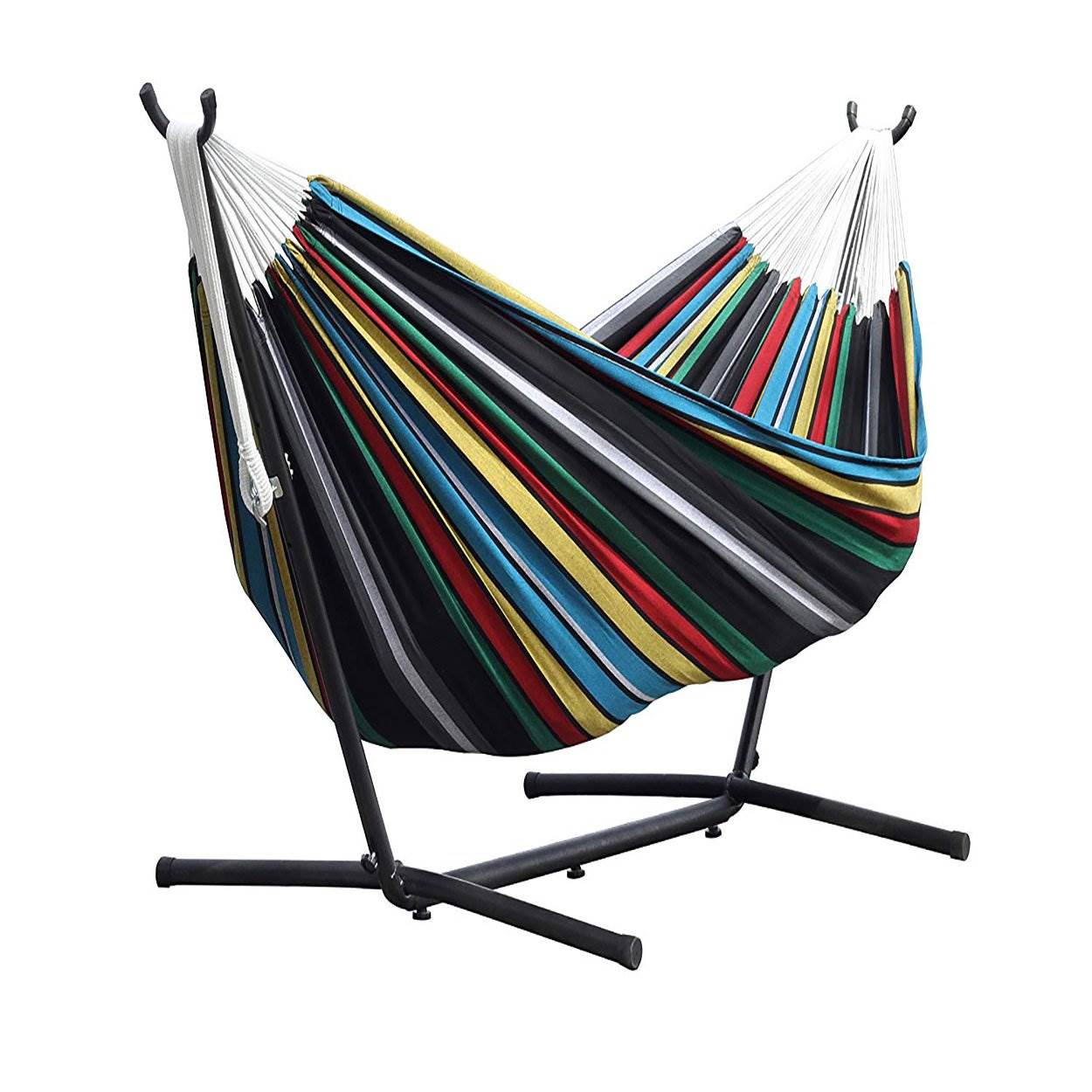 Vivere Cotton Double Hammock w/ Universal Steel Stand Combo, Rio Night (2 Pack)