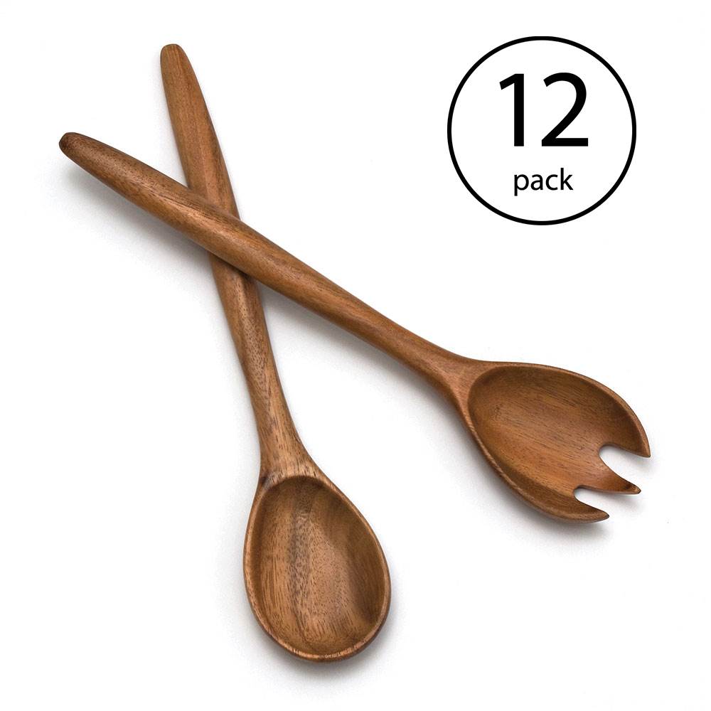 Lipper International Acacia Oblong Wooden 12" Salad Servers Utensils (12 Pack)