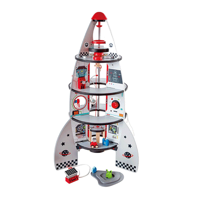Hape Wooden UFO Space Ship Set and Four-Stage 20 Piece Rocket and Spaceship Toys