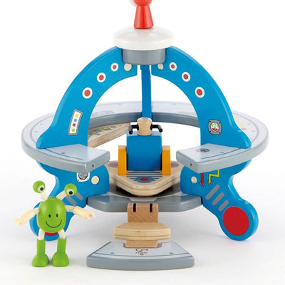 Hape Wooden UFO Space Ship Set and Four-Stage 20 Piece Rocket and Spaceship Toys