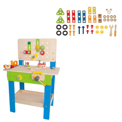 Hape Wooden Tool and Workbench Toy and 42 Piece Blocks Basic Builder Play Sets