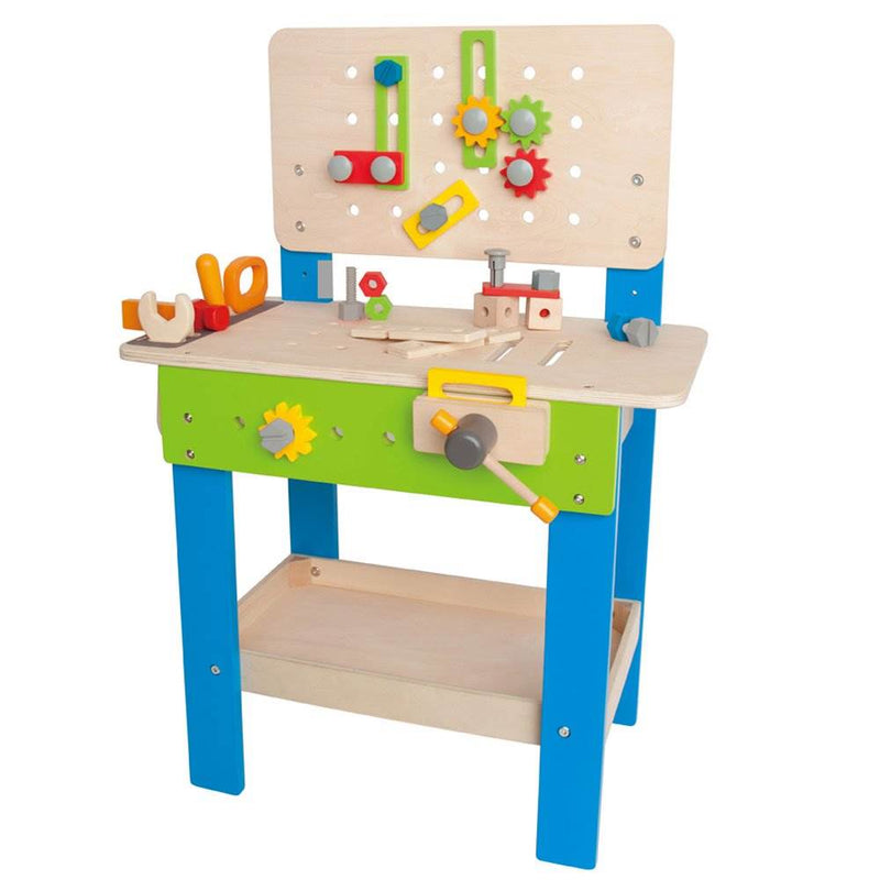 Hape Wooden Tool and Workbench Toy and 42 Piece Blocks Basic Builder Play Sets