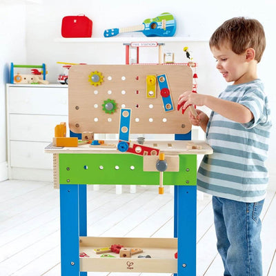 Hape Wooden Tool and Workbench Toy and 42 Piece Blocks Basic Builder Play Sets
