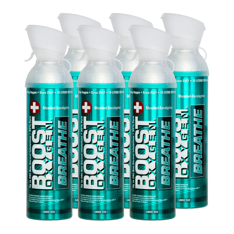 6 Pack 10L Boost Oxygen Natural Portable Pure Canned Oxygen, Menthol Eucalyptus