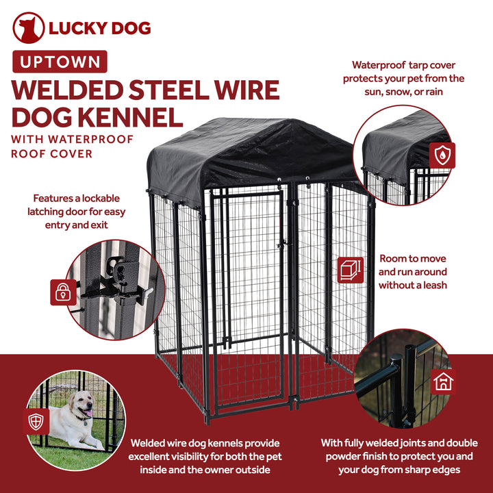 Lucky Dog 4' x 4' x 6' Uptown Welded Wire Outdoor Dog Kennel w/ Waterproof Cover