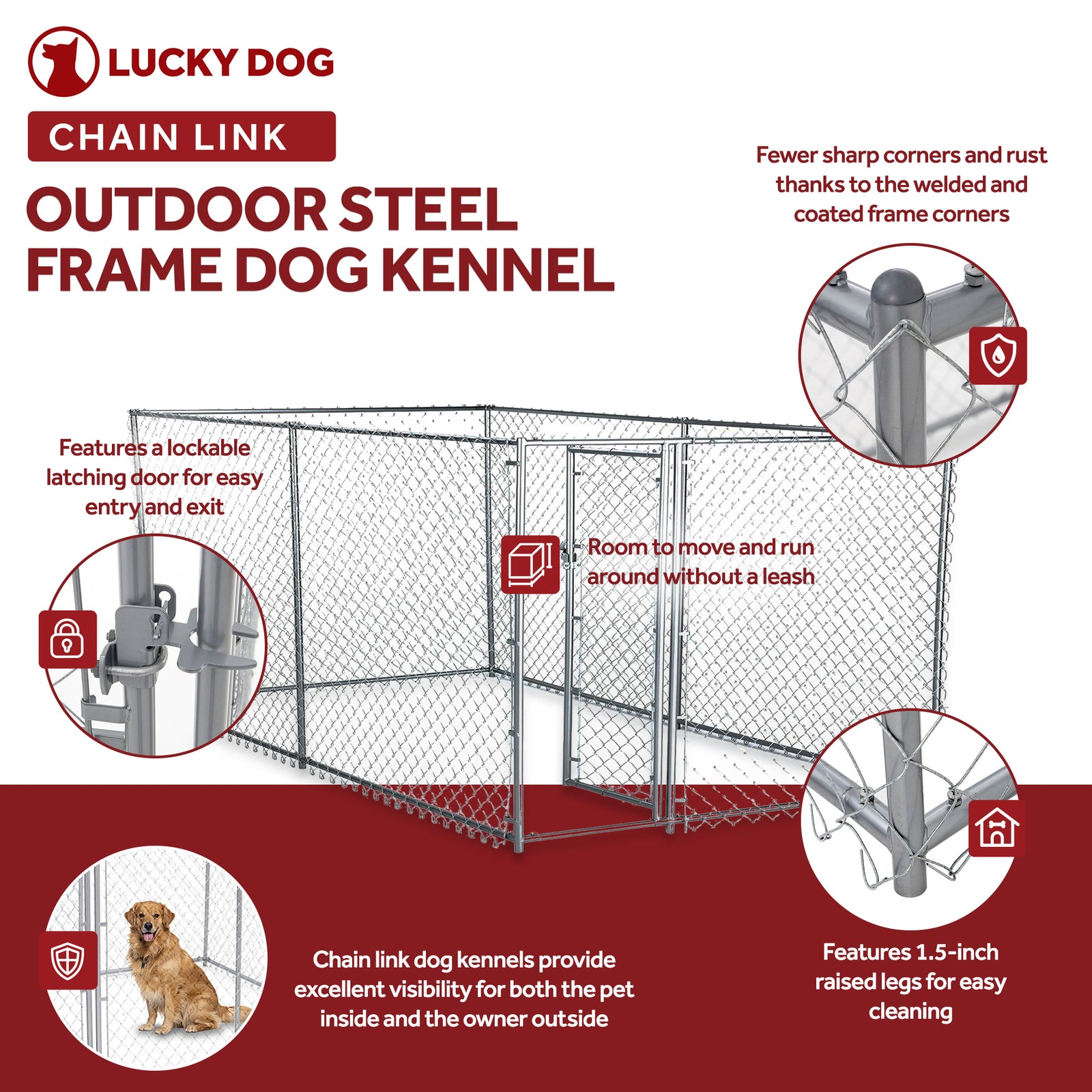 Lucky Dog 10 x 5 x 4 Foot Chain Link Dog Kennel Enclosure (Open Box) - VMInnovations