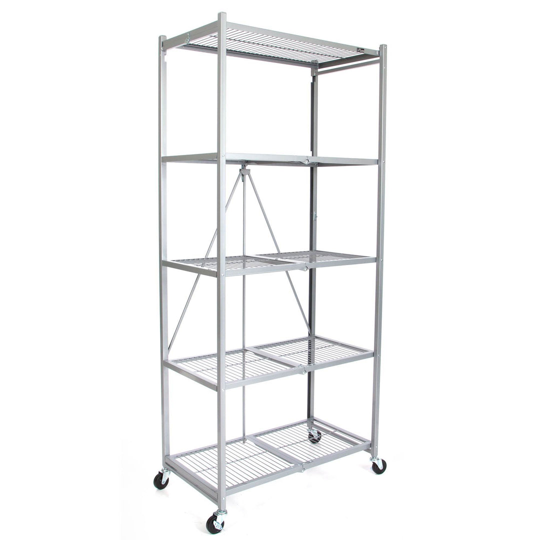 Origami Large Wheeled 5-Shelf Folding Steel Wire Shelving Platinum (21"x36"x78")