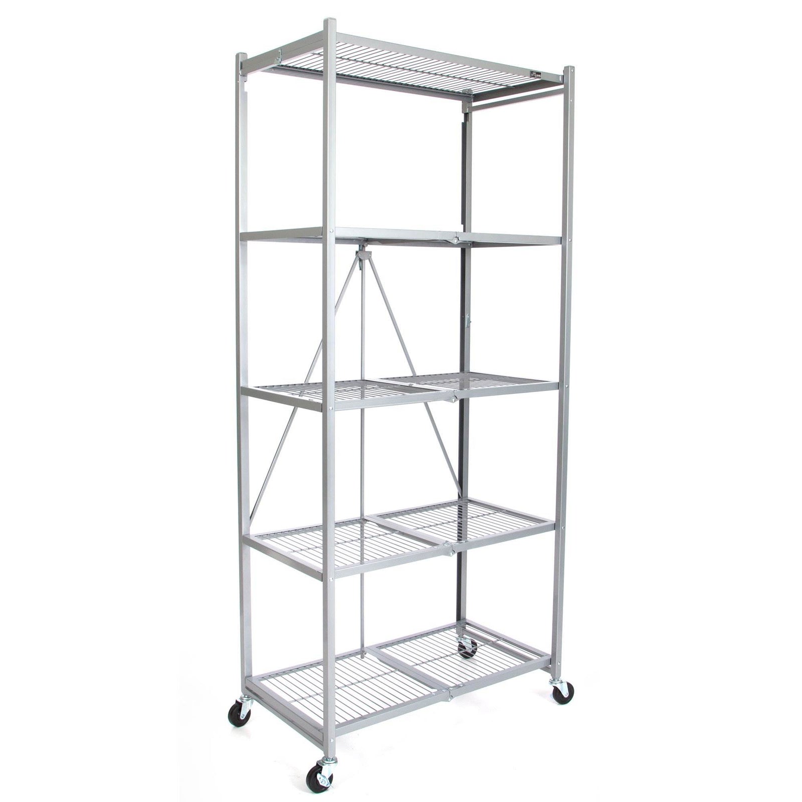 Origami Large Wheeled 5-Shelf Folding Steel Wire Shelving Platinum (21"x36"x78") - VMInnovations