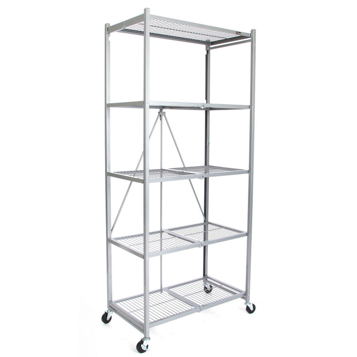 Origami Large Wheeled 5-Shelf Folding Steel Wire Shelving Platinum (21"x36"x78")