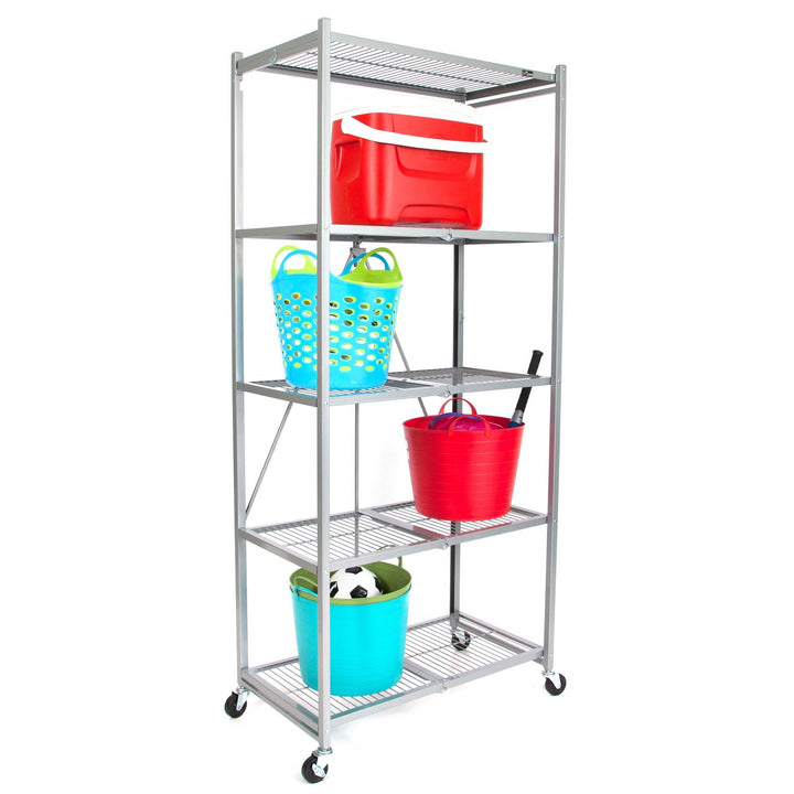 Origami Large Wheeled 5-Shelf Folding Steel Wire Shelving Platinum (21"x36"x78")