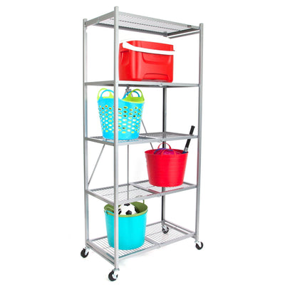 Origami Large Wheeled 5-Shelf Folding Steel Wire Shelving Platinum (Open Box)