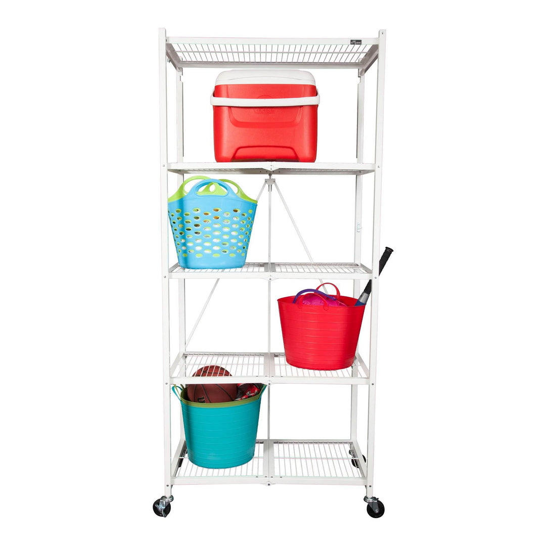 Origami Large Wheeled 5-Shelf Folding Steel Wire Shelving, White (21"x36"x78")