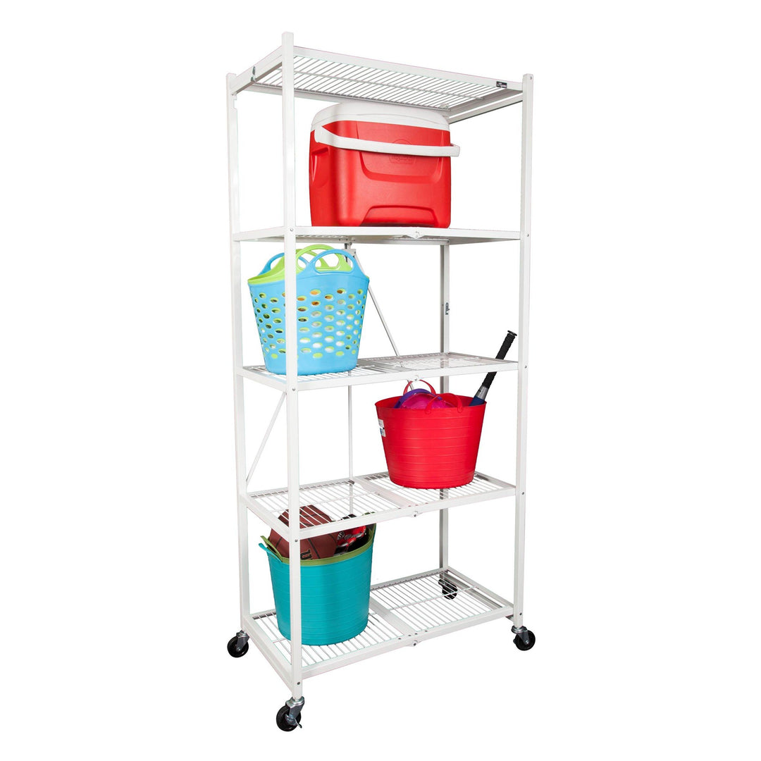 Origami Large Wheeled 5-Shelf Folding Steel Wire Shelving, White (21"x36"x78")