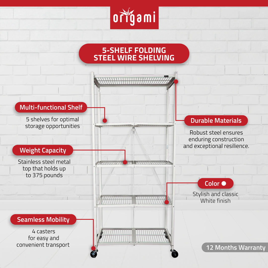 Origami Large Wheeled 5-Shelf Folding Steel Wire Shelving, White (21"x36"x78")