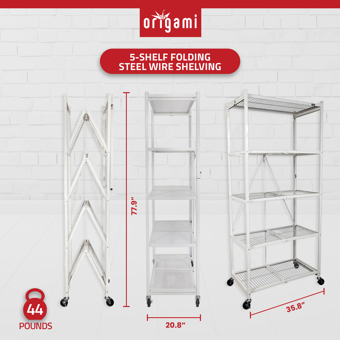 Origami Large Wheeled 5-Shelf Folding Steel Wire Shelving, White (21"x36"x78")