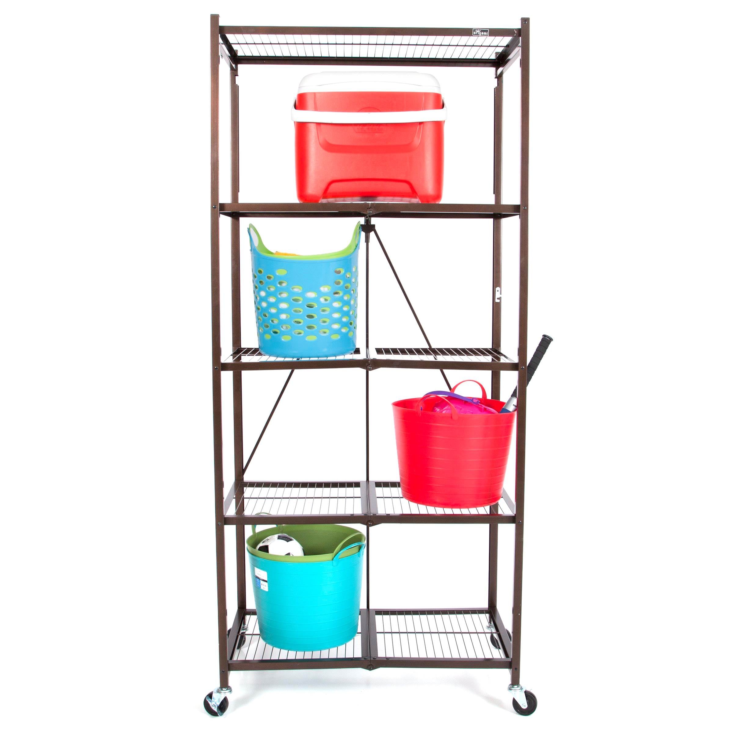 Origami Large Wheeled 5-Shelf Folding Steel Wire Shelving, Bronze (Used) - VMInnovations