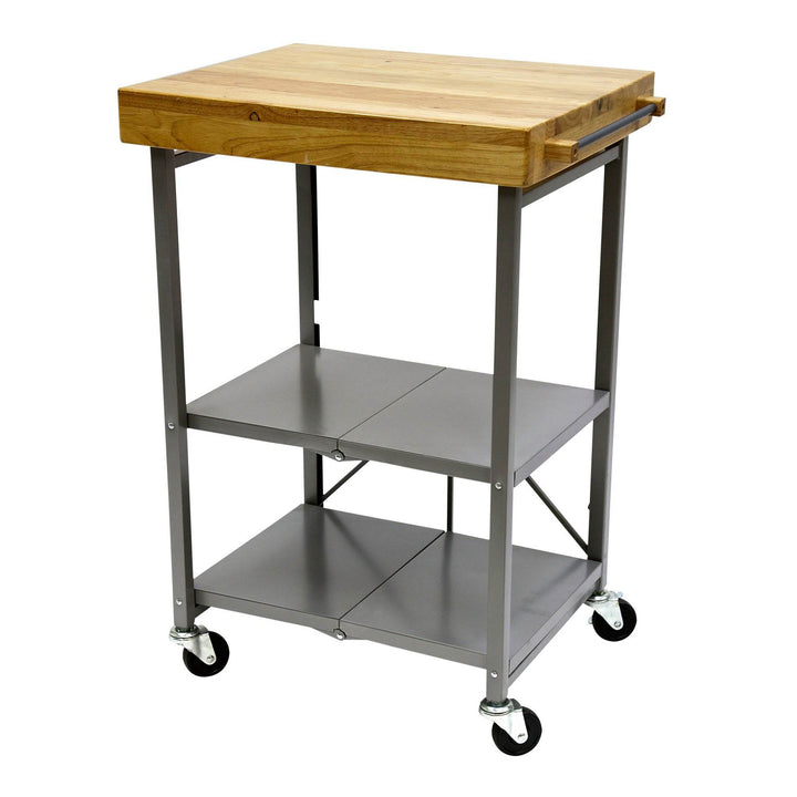 Origami Foldable Wheeled Portable Solid Wood Top Kitchen Island Bar Cart, Silver