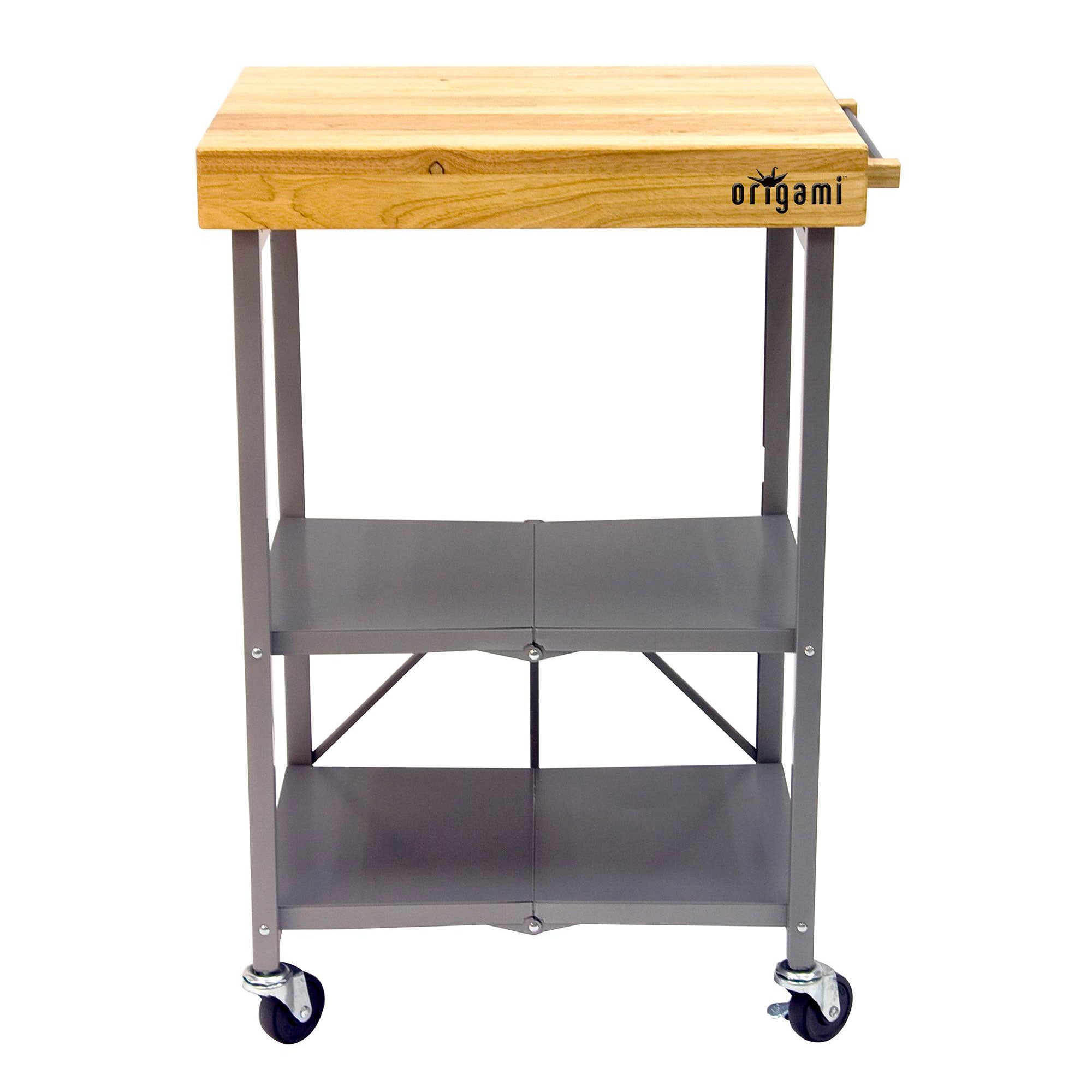 Origami Foldable Wheeled Wood Top Kitchen Island Bar Cart, Silver (Open Box) - VMInnovations