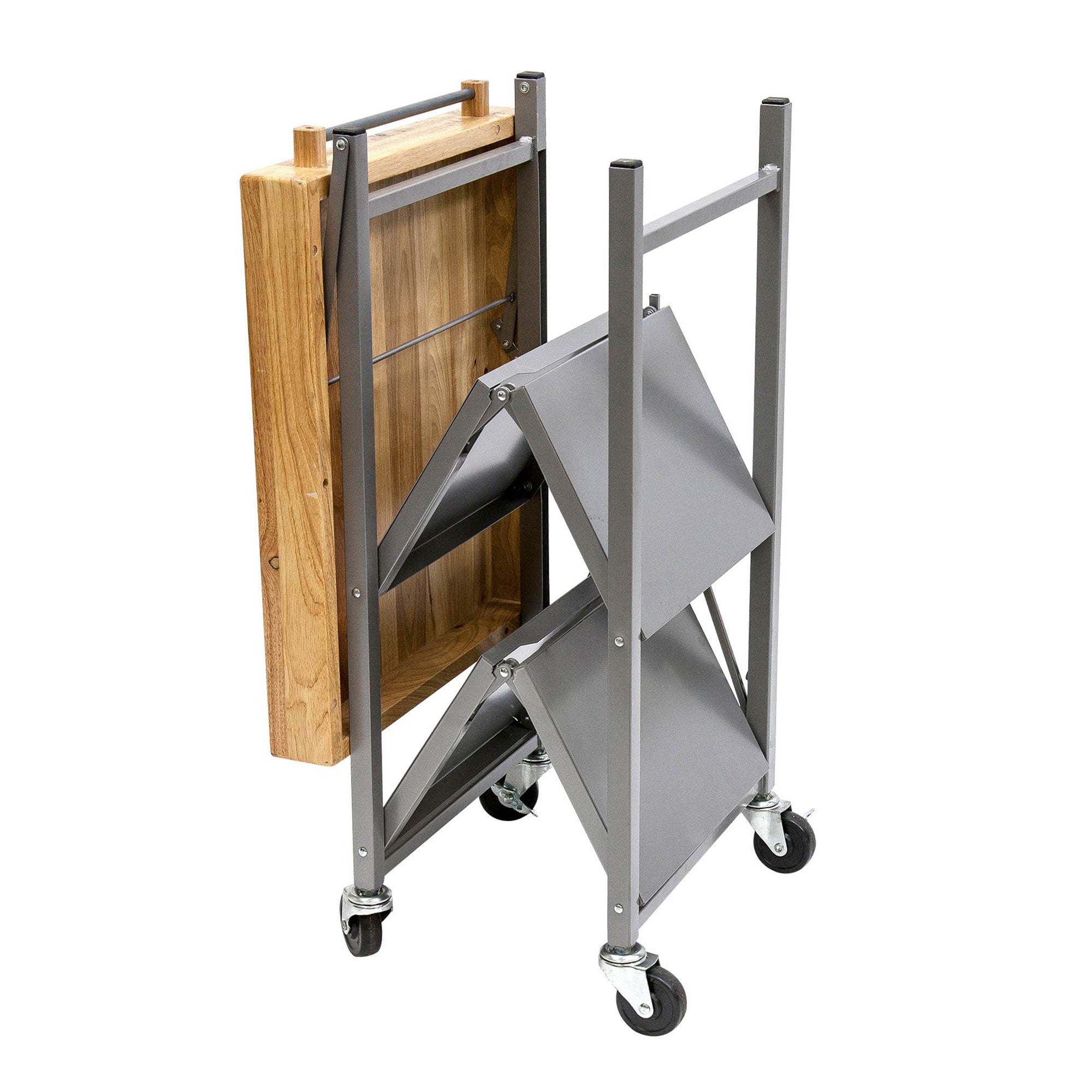 Origami Foldable Wheeled Wood Top Kitchen Island Bar Cart, Silver (Open Box) - VMInnovations