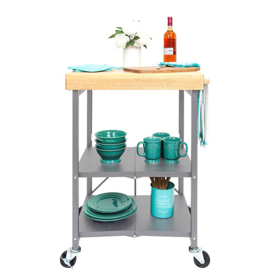 Origami Foldable Wheeled Portable Solid Wood Top Kitchen Island Bar Cart (Used)