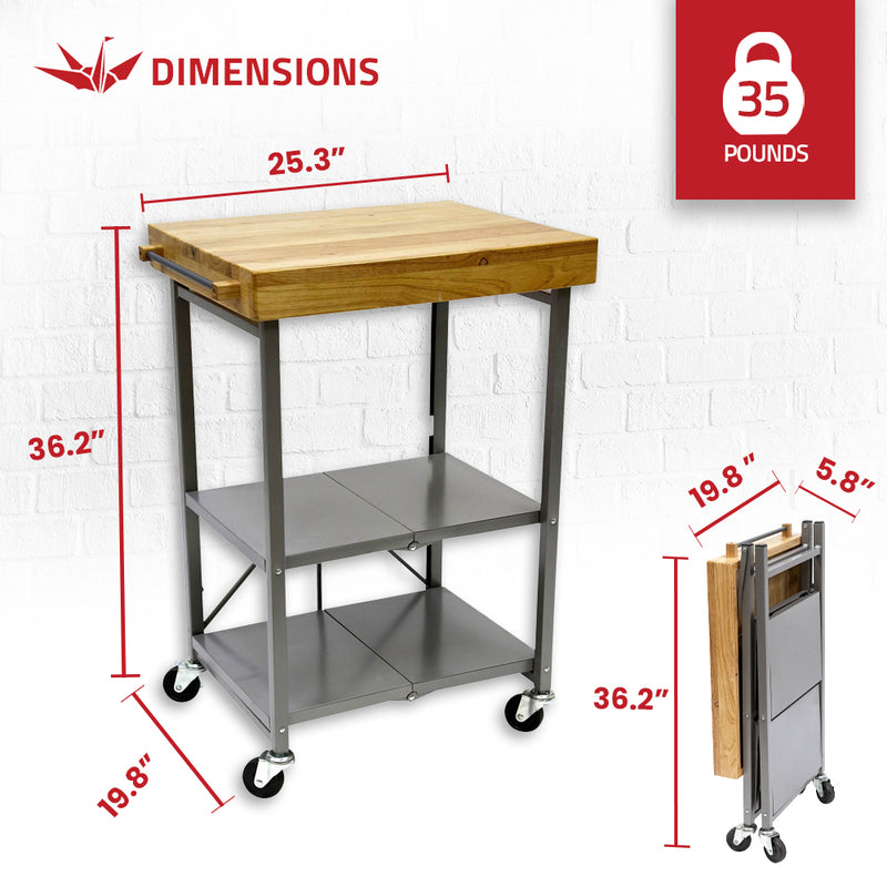 Origami Foldable Wheeled Portable Solid Wood Top Kitchen Island Bar Cart (Used)