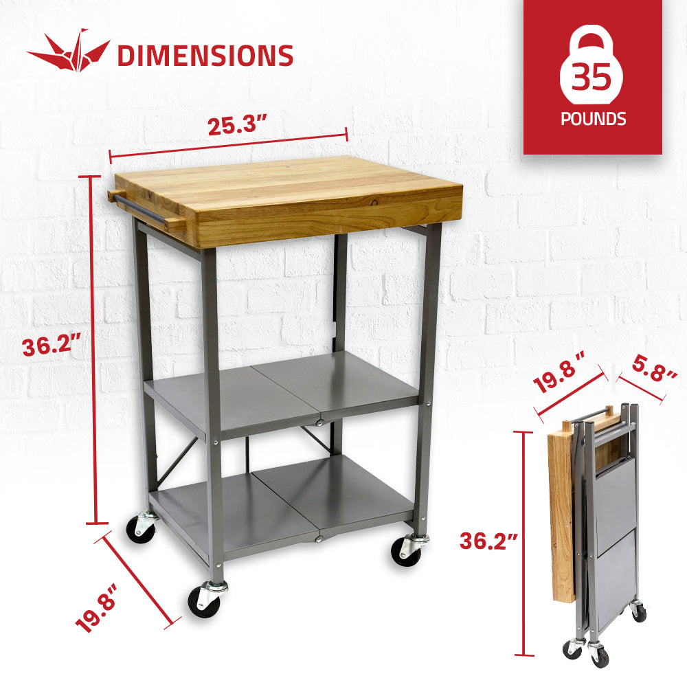 Origami Foldable Wheeled Solid Wood Top Kitchen Island Cart, Silver (For Parts) - VMInnovations