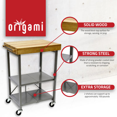 Origami Foldable Wheeled Solid Wood Top Kitchen Island Cart, Silver (For Parts) - VMInnovations