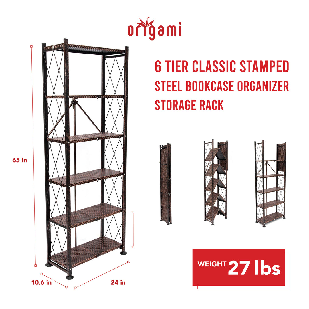Origami 6 Tier Classic Stamped Steel Bookcase Organizer Rack, Bronze (Open Box)