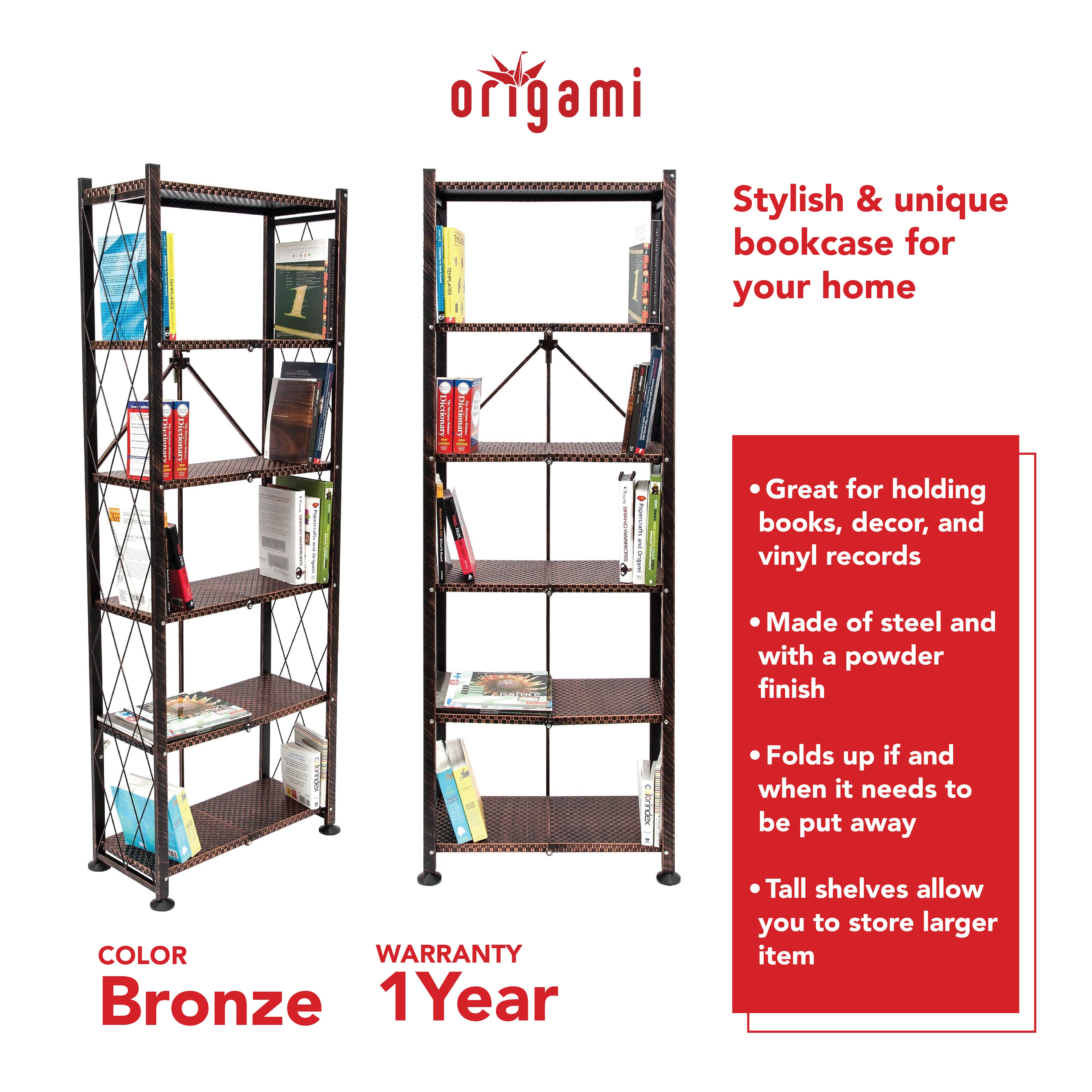 Origami 6 Tier Classic Steel Bookcase Organizer Storage Rack, Bronze (For Parts)