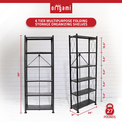 Origami 6 Tier Classic Steel Bookcase Organizer Storage Rack, Black (2 Pack)