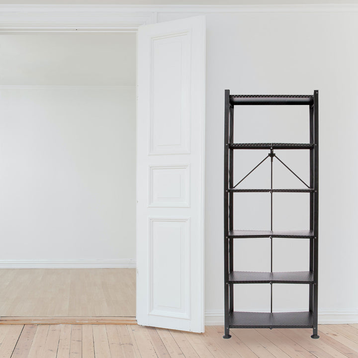 Origami 6 Tier Classic Stamped Steel Bookcase Organizer Rack, Black (Open Box)