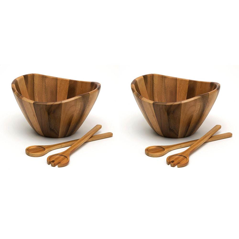 Lipper 11742 Acacia Wood 12 Inch Wavy Rim Bowl with Salad Servers (2 Pack)