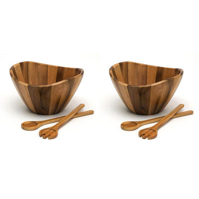 Lipper 11742 Acacia Wood 12 Inch Wavy Rim Bowl with Salad Servers (2 Pack)