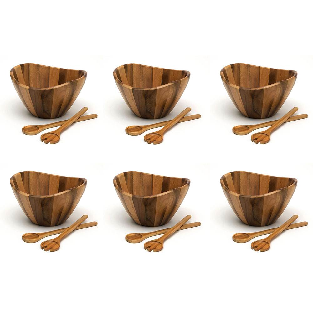 Lipper 11742 Acacia Wood 12 Inch Wavy Rim Bowl with Salad Servers (6 Pack)