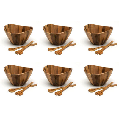 Lipper 11742 Acacia Wood 12 Inch Wavy Rim Bowl with Salad Servers (6 Pack)
