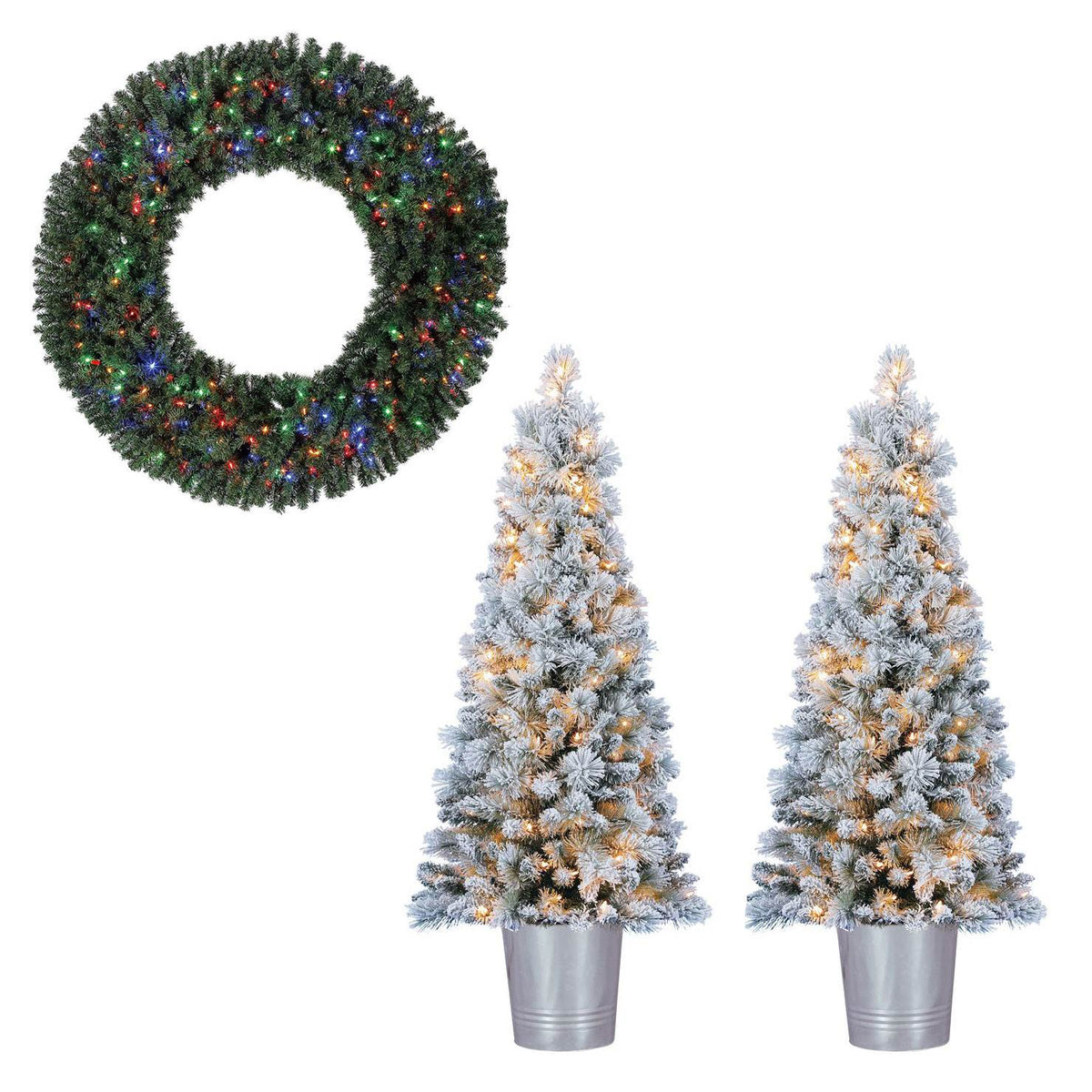 Home Heritage LED Christmas Wreath and 2 Entry Way Artificial Christmas Trees