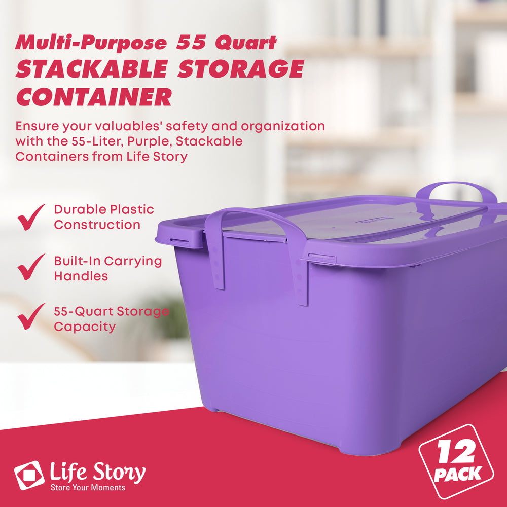 Life Story Stackable Organization Storage Tote Container, 55 Quart (12 Pack) - VMInnovations