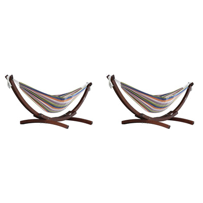 Vivere Double Cotton 2 Person Outdoor Hammock & Pine Wood Stand, Retro (2 Pack)